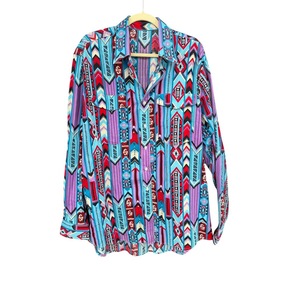 Vintage Frontier Series Shirt Mens X-Large Tall Purple Blue Aztec Southwest